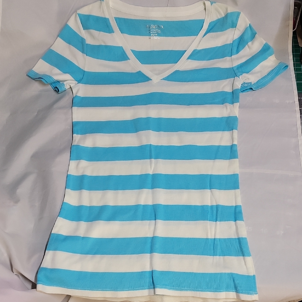 Merona Aqua and White Striped V-Neck Tee